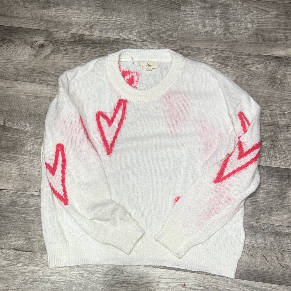 Elan White Sweater with Pink Heart Detail